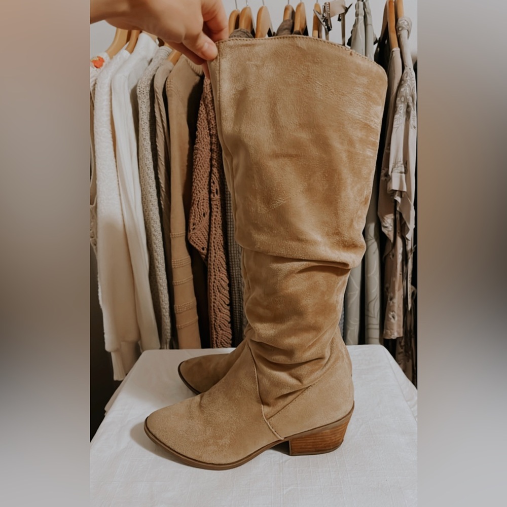 Carlos Santana Nude suede knee high boots
